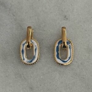 Gold Blue White Oriental Painted Double Oval Hoop Earrings 

Brand New